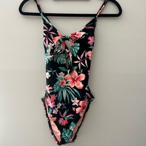 Floral One-Piece Swimsuit in Black with Pink & Green Tropicals